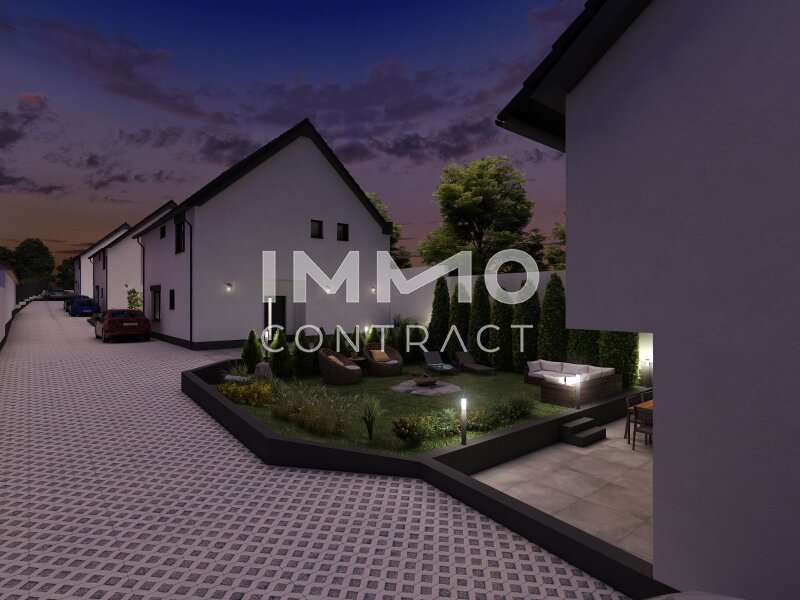 Einfamilienhaus Edelstal: Gartenansicht Haus 1 Dämmerung Gartenansicht Haus 1 Dämmerung