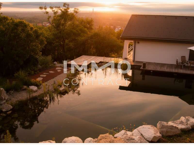 Schwimmteich mit Abendsonne